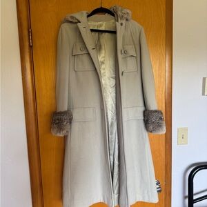 Women's Light Gray Wool Coat with Rabbit Fur Trim